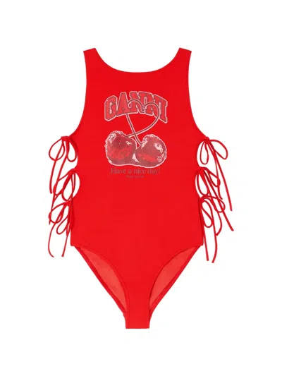 Ganni Cherry-print Lace-up Swimsuit In Red