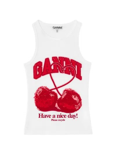 Ganni Cherries Graphic Ribbed Tank Top In White