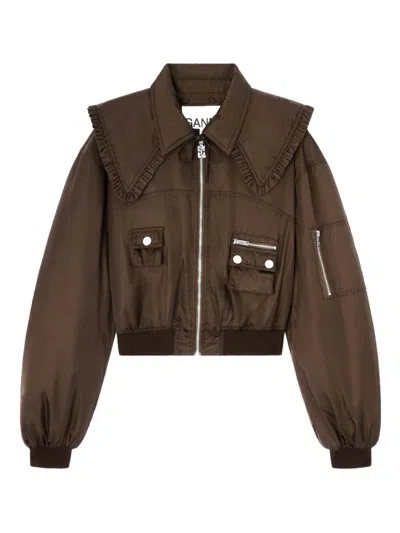 Ganni Chocolate Duchesse Bomber Silver Zip In Brown