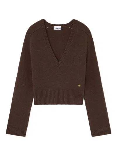 Ganni V-neck Sweater In Brown