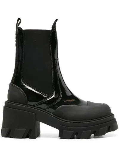 Ganni Patent-leather Platform Chelsea Boots In Black