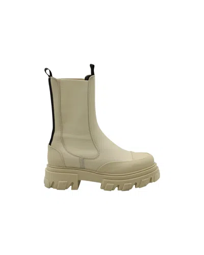 Ganni Chunky Ankle Boots In Cream Leather In White