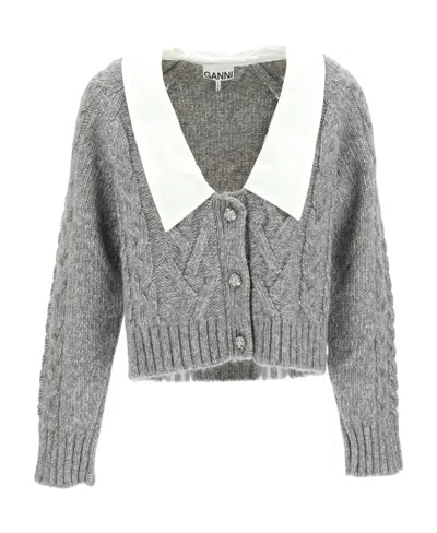 Ganni Chunky Cable Cardigan In Gray