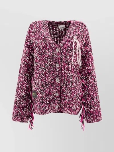 GANNI CHUNKY KNIT FRINGE LONGLINE KNITWEAR WITH POCKETS