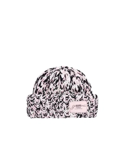 Ganni Chunky Knit Logo Patch Beanie In Pink