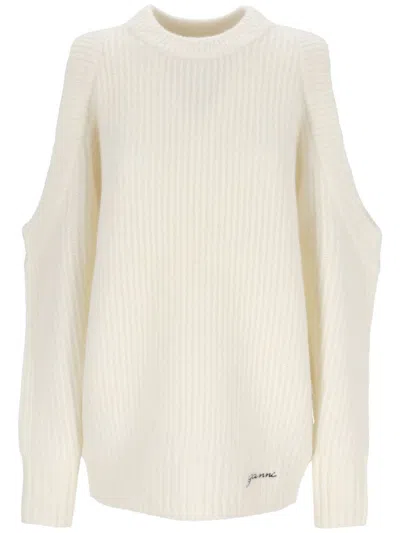 Ganni Chunky Jumper With Open Shoulders In White