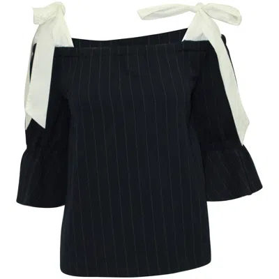 Ganni Clark Pinstripe Cold Shoulder Blouse In Navy Blue Polyester In Black