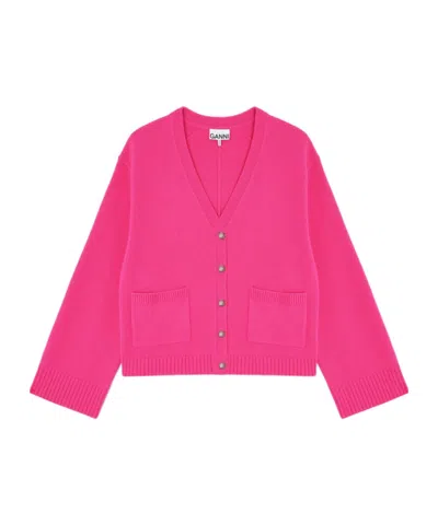 Ganni Classic Cardigan In Wool In Pink