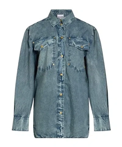 Ganni Classic Denim Shirt In Green