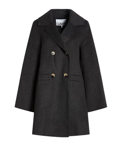 Ganni Classic Double-breasted Overcoat In Black