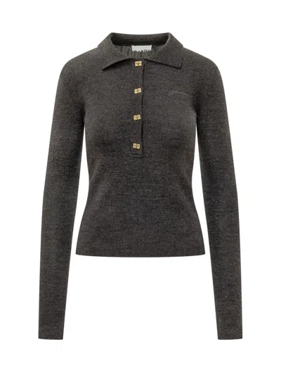 Ganni Classic Ribbed Polo With Jewel Buttons In Gray