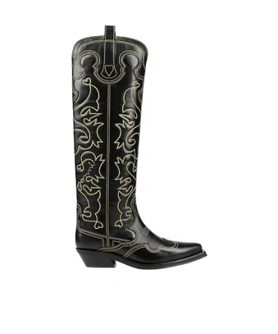 Ganni Classic Solid Color Denim Boots In Black