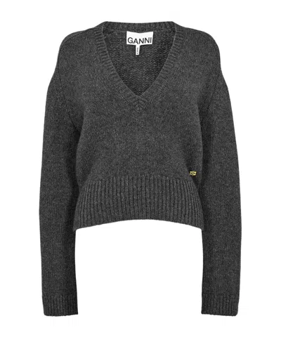 Ganni Classic V-neck Knit Sweater In Gray