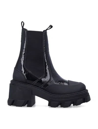 Ganni Cleated Heeled Mid Chelsea Boots In Black