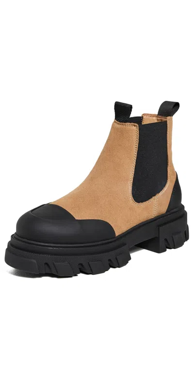 Ganni Cleated Low Chelsea Boots Suede Cognac In Brown