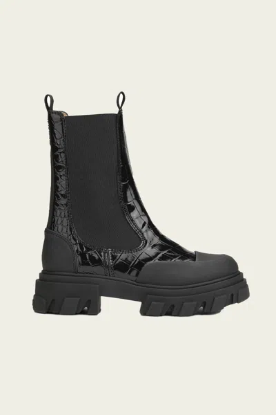 Ganni Cleated Mid Chelsea Boot Naplack Croco In Black