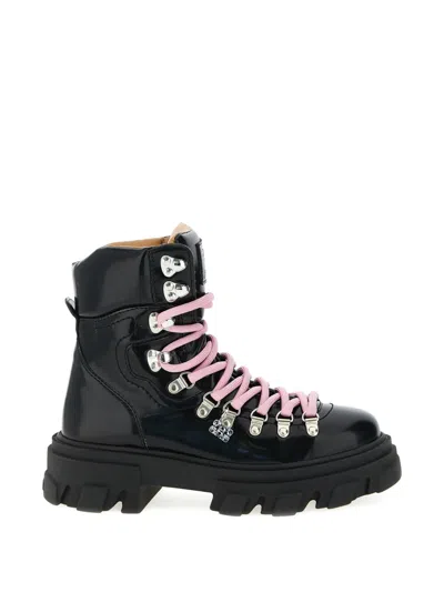 Ganni Ankle Boots Chunky Sole Contrast Laces In Black