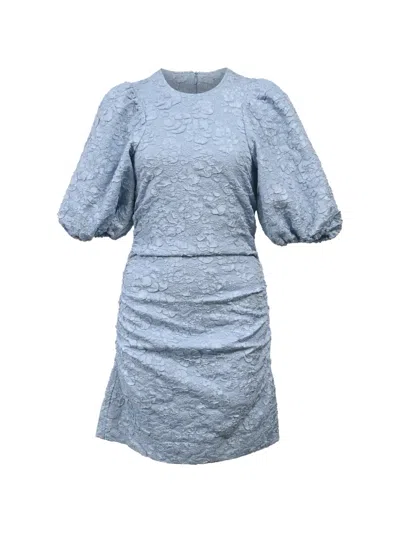 Pre-owned Ganni Cloqué Puff-sleeve Mini Dress In Blue