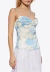 Ganni Ruched Printed Satin Camisole In Blue