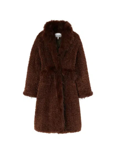 Ganni Coat In Alternative Shearling In Brown