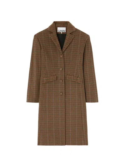 Ganni Coat In Check Twill In Brown