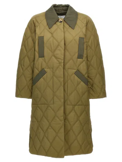 GANNI MIDI GREEN QUILTED COAT