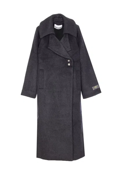 Ganni Double-breasted Coat In Black