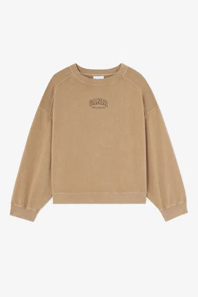 Ganni Coca Mocha Essentials Crewneck With Washed Effect - Size L Organic Cotton In Brown
