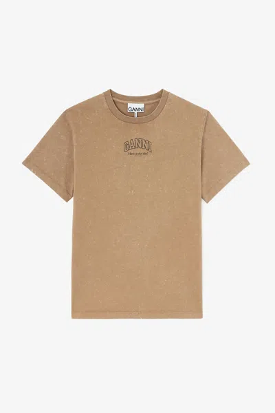 Ganni Coca Mocha Essentials Tee With Washed Effect - Size L Organic Cotton In Brown
