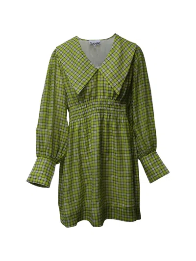Pre-owned Ganni Collar Check-pattern Mini Dress In Green