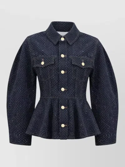 Ganni Collared Jacket Chest Pockets Peplum Hem In Blue