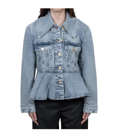 Ganni Collared Long-sleeved Denim Jacket In Blue