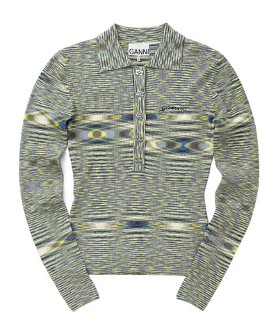 Ganni Collared Long-sleeved Polo Shirt In Multi