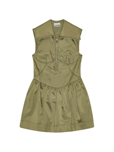 Ganni Collared Zipped Mini Dress In Green
