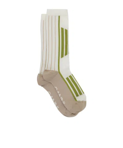 Ganni Colour-block Striped Socks In White