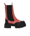 Ganni Cleated Mid Chelsea Combat Boots In Red Leather In Black