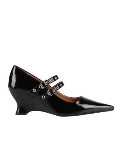 Ganni Comfortable Non-slip Wedge-heel Mary Janes In Black