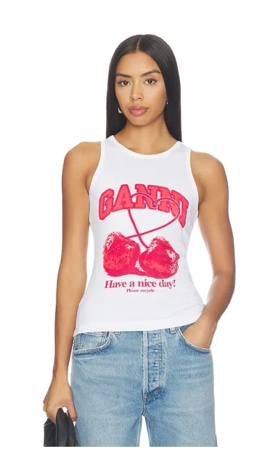 Ganni Compact Rib Jersey Tank Cherry In White