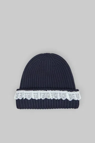 Ganni Compact Wool Lace Beanie In Blue