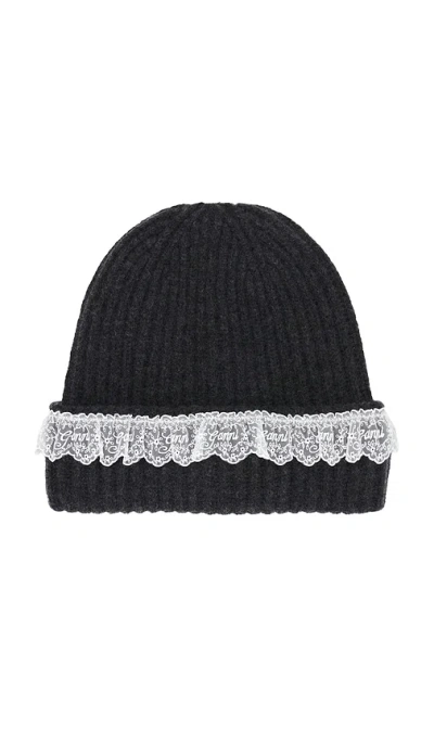 Ganni Compact Wool Lace Beanie In Black