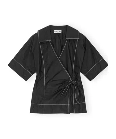 Ganni Wickelbluse Mit Kontrastpaspeln In Black