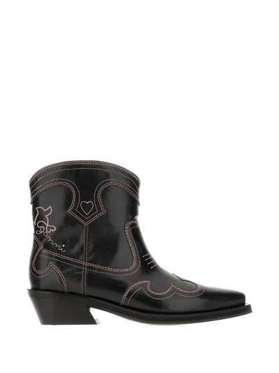 Ganni Contrast-stitch Ankle Boots In Black