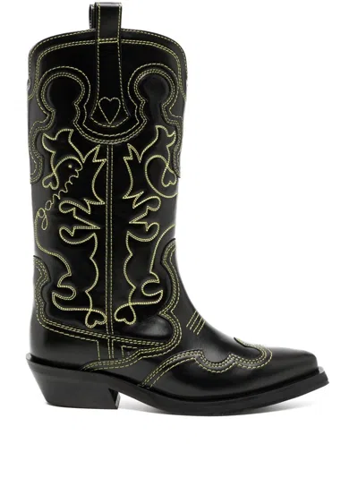 Ganni Contrast-stitch Leather Cowboy Boots In Schwarz