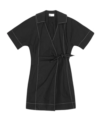 Ganni Cotton Poplin Wrap Mini Dress Black