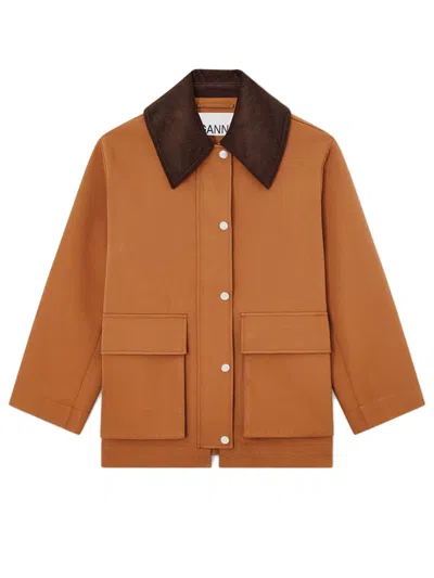 Ganni Contrast-collar Button-front Jacket With Patch Pockets In Orange