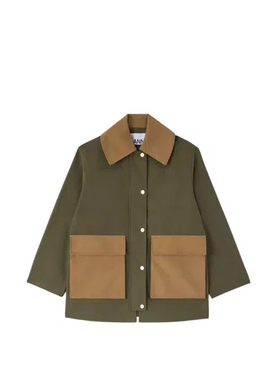Ganni Organic Cotton Workwear Jacket Straight Hem In Green