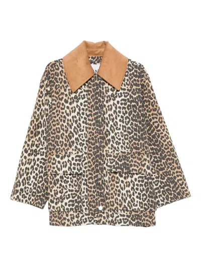 Ganni Leopard Printed Canvas Midi Puffer Jackets Brown In Animal Print