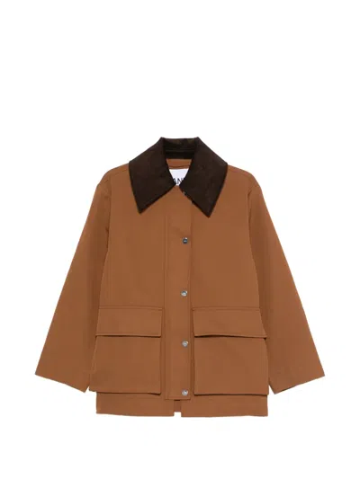 Ganni Cotton Jacket Contrast Collar Back Vent In Brown