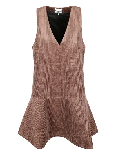 Ganni Corduroy V-neck Mini Dress In Brown