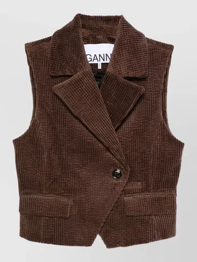 Ganni Corduroy Waistcoat Front Pockets Notched Lapels In Brown